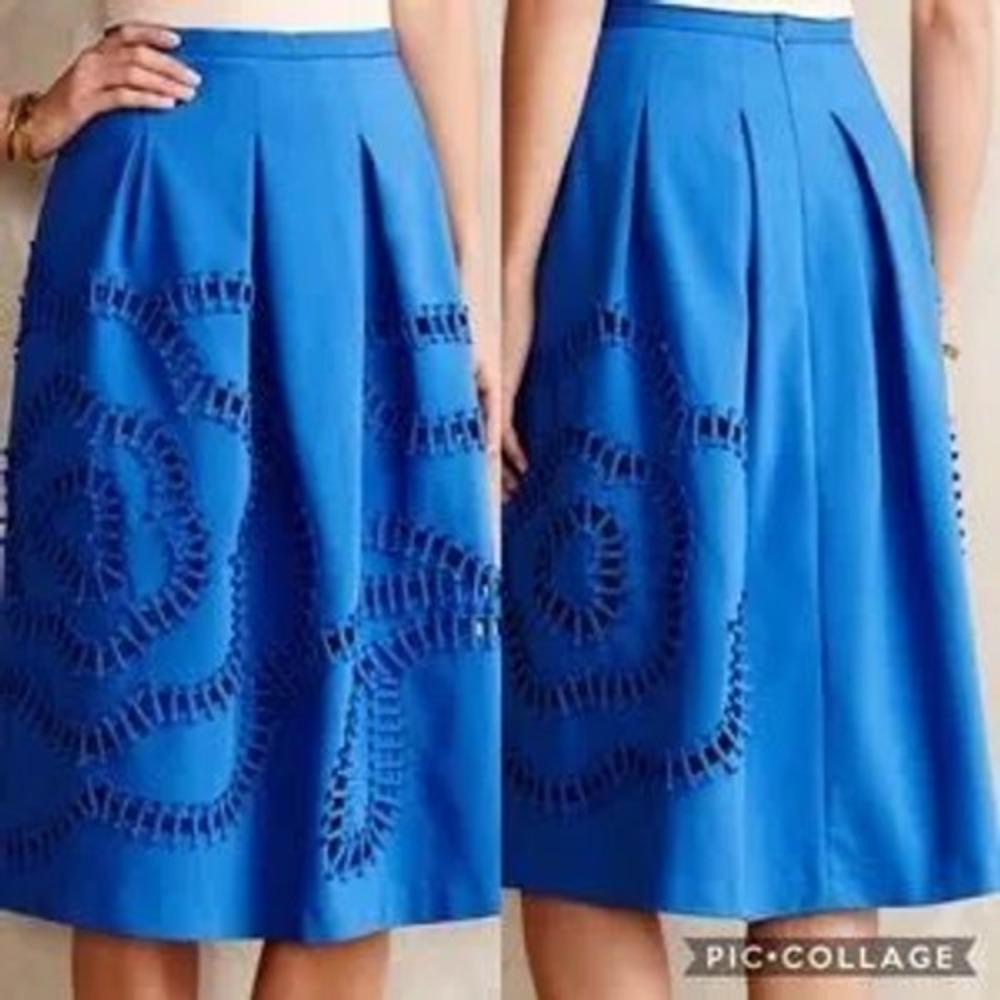 Sachini & Babi Anthropologie Bloomstitch Blue Laser Cut Floral Midi Skirt 10